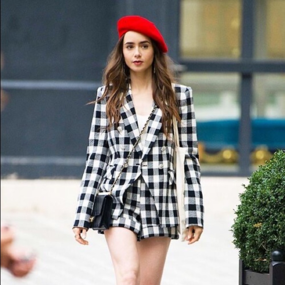 Beautiful Veronica Beard gingham blazer and short - as seen on Emily in Paris